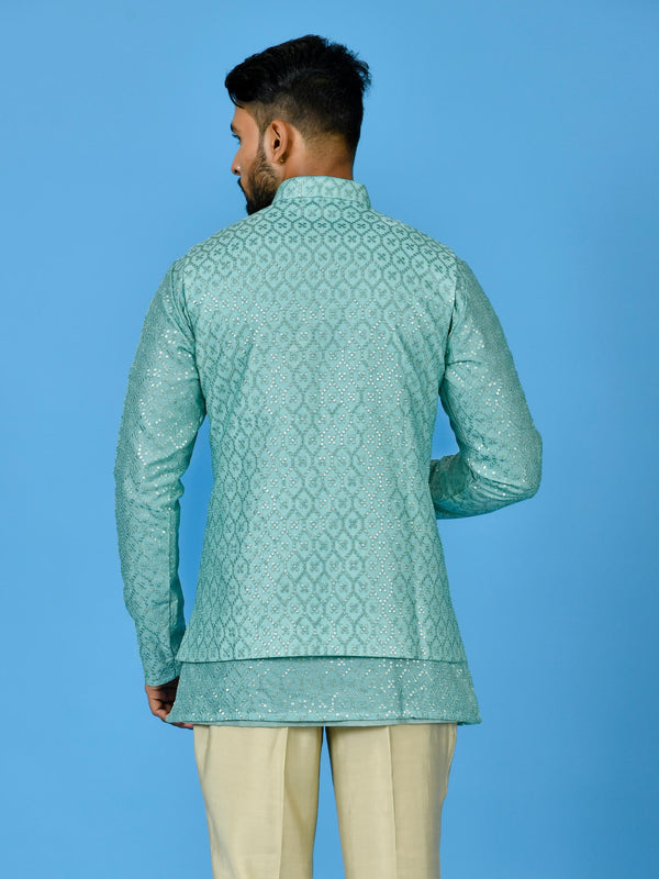Designer Sea Green Silk Kurta Jacket Set
