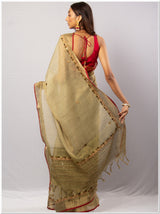Green Color Tassar Saree With Blouse Piece.