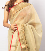 Green Color Tassar Saree With Blouse Piece.