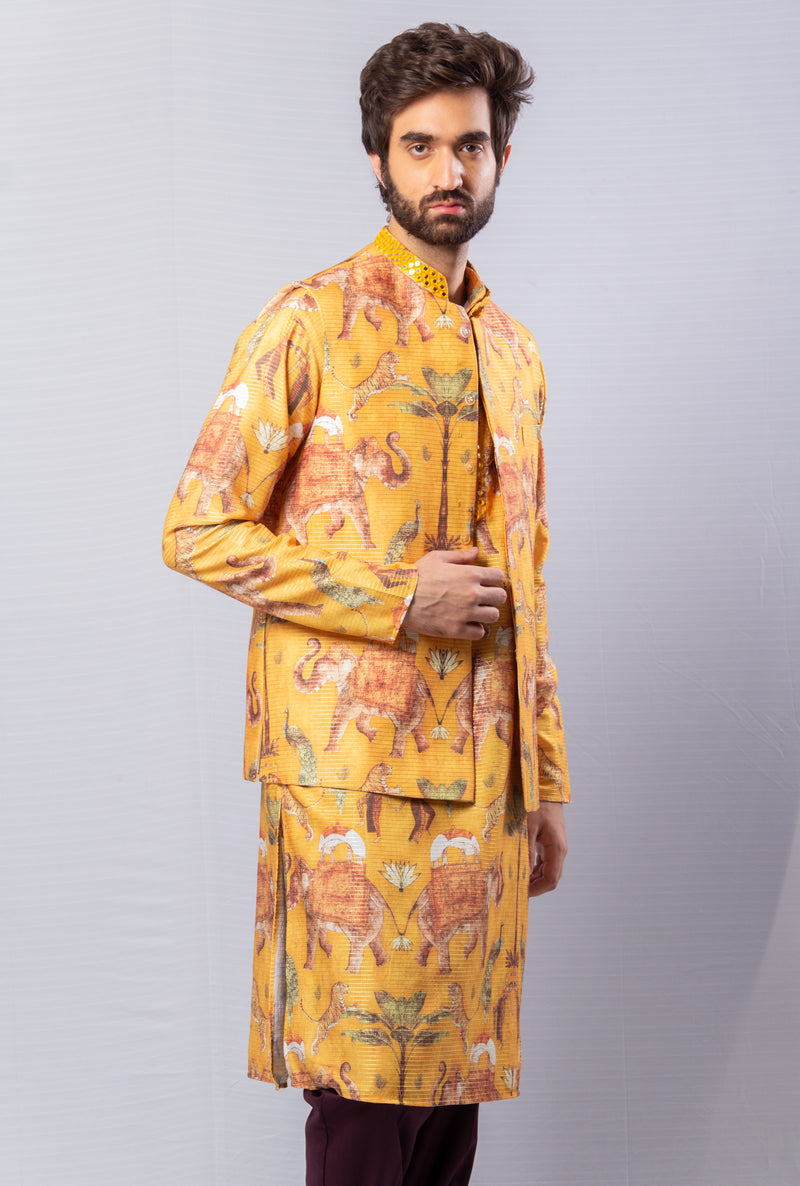 Yellow  colour  Hand Embroidered & Handwork kurta ,Jacket &  pant