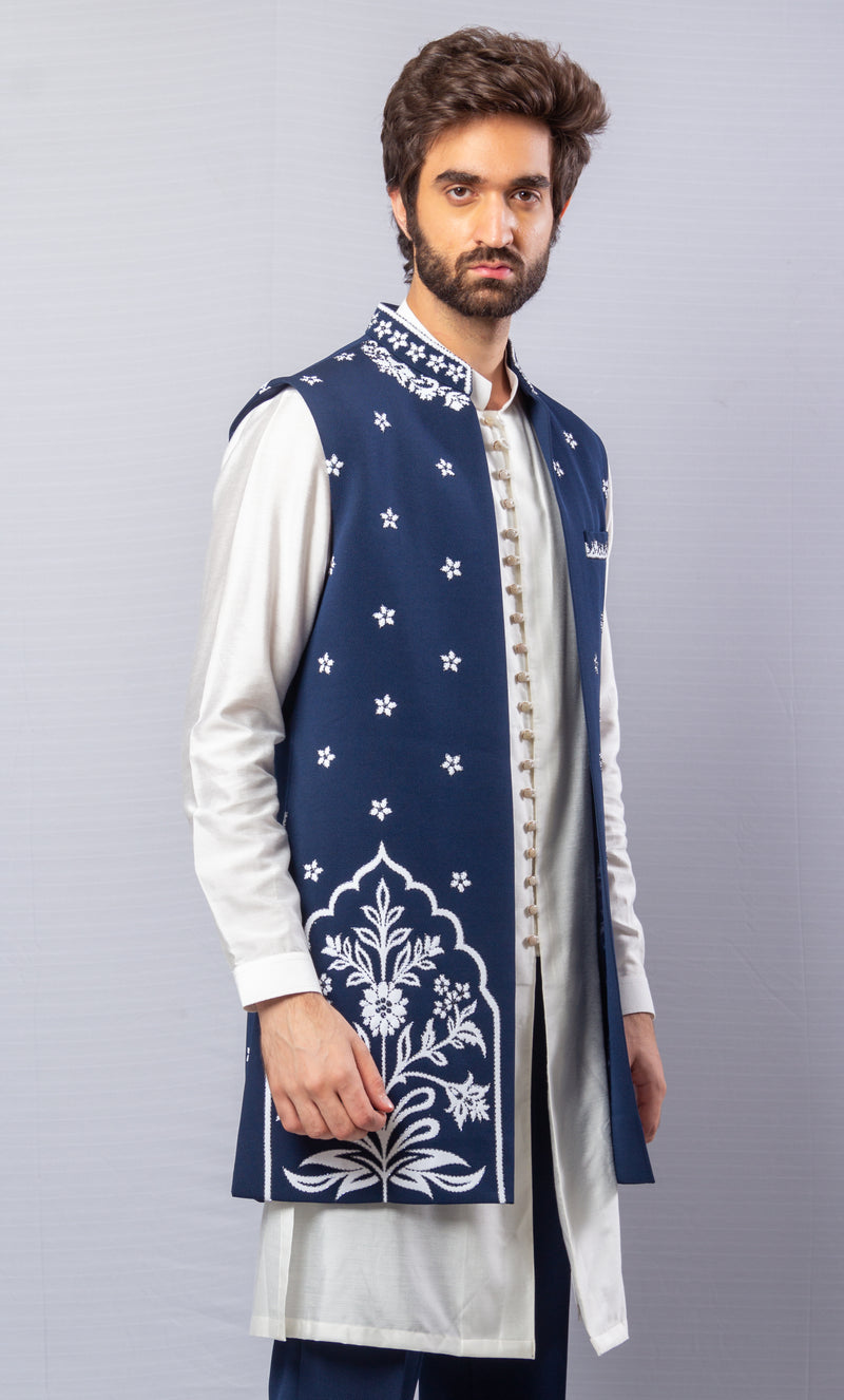 Blue & white   colour  Hand Embroidered & handwork kurta ,Jacket & pant set.