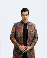 BLACK PINTUCK KURTA WITH PRINTED OPEN JACKET sasyafashion
