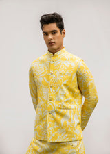 YELLOW PRINT MIRROR KURTA SET WITH YELLOW PRINTED BUNDI sasyafashion