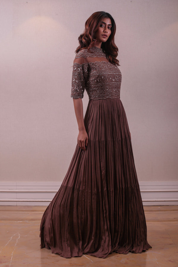 Designer Brown Chiffon Embroidered Layered Gown sasyafashion