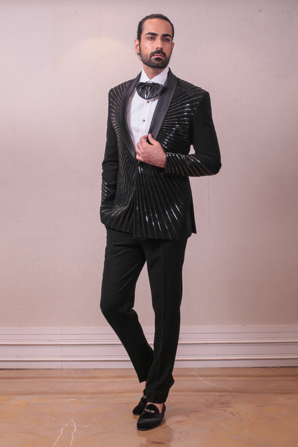 Designer Black Tuxedo Polynosic  Sequins Kardana Work sasyafashion