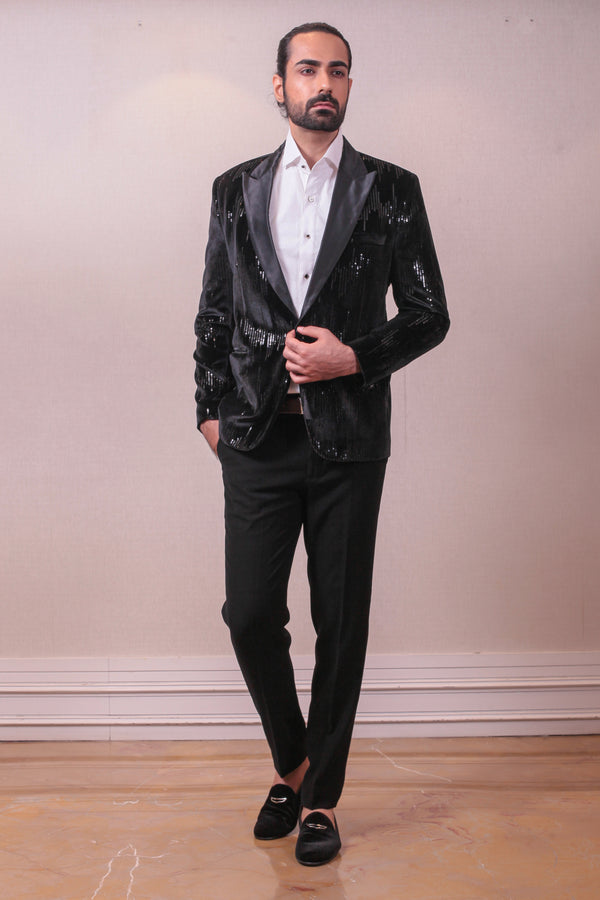 Designer Black Velvet Sequins Kardana Embodded Tuxedo sasyafashion