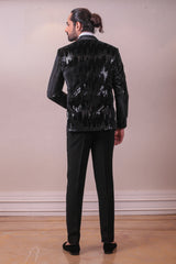 Designer Black Velvet Sequins Kardana Embodded Tuxedo sasyafashion
