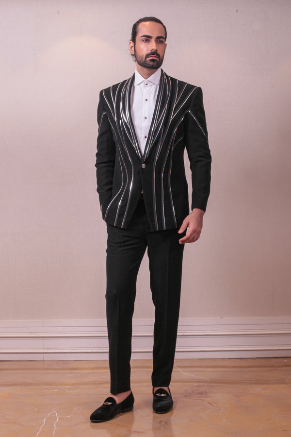 Designer Black Tuxedo Suit Italian Fabric Mettalic Work sasyafashion