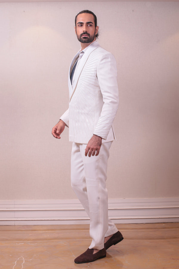 Designer White Tuxedo With Intricate Kardana Sequins work Shirt & Trousers sasyafashion