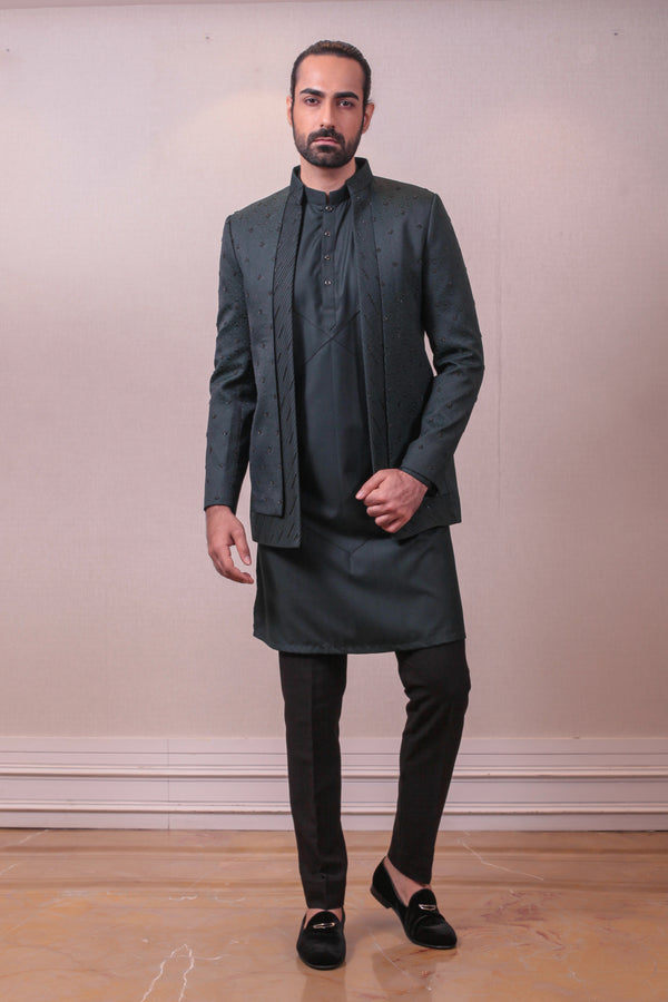Designer Blackish Grey Teri Silk  Bandhgala Set with Kardana work sasyafashion