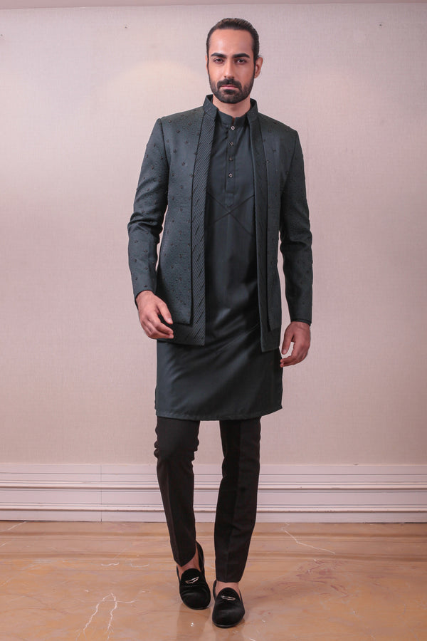 Designer Blackish Grey Teri Silk  Bandhgala Set with Kardana work sasyafashion