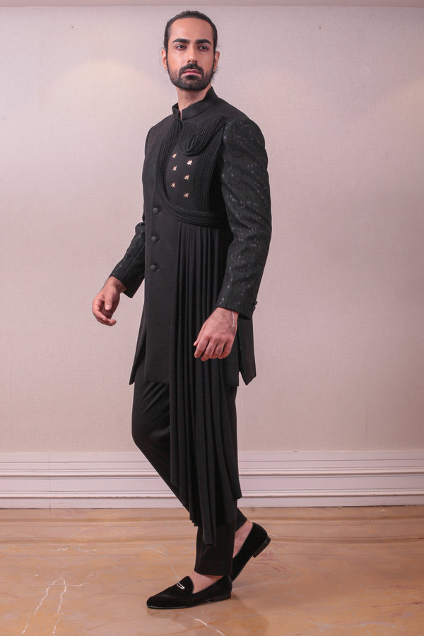 Designer Bandhgala Black Italian Jacquard Drape with Sequins work sasyafashion