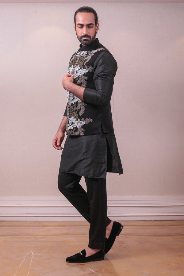 Designer Raw Silk Nehru Jacket with Kurta Pajama Set With Multi Thread Floral Work sasyafashion