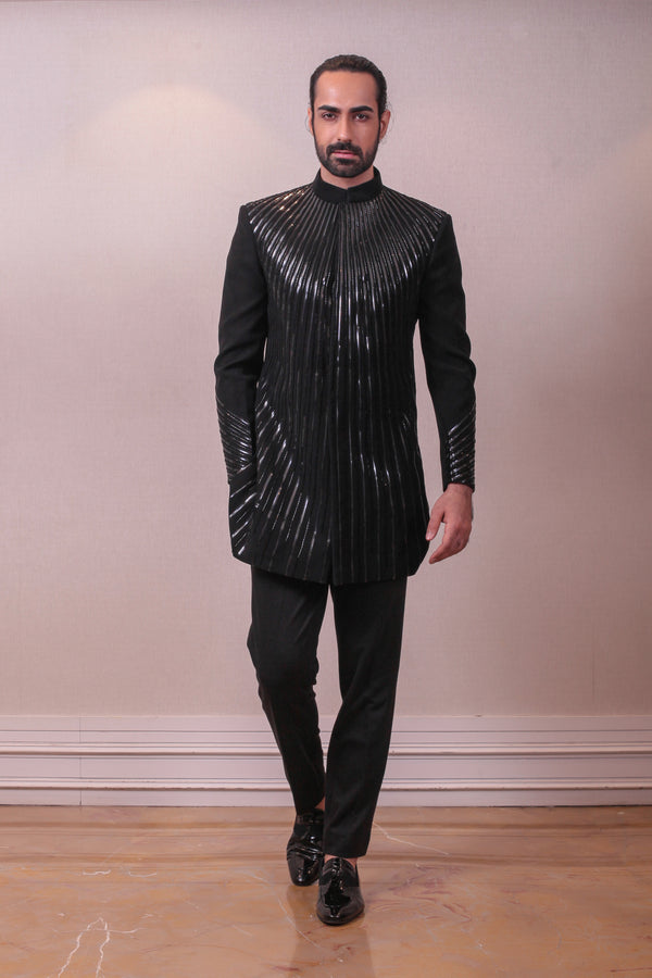 Designer Black Polynosic Italian in Modern Geometric Kardana Sequins Work Nehru Jacket sasyafashion