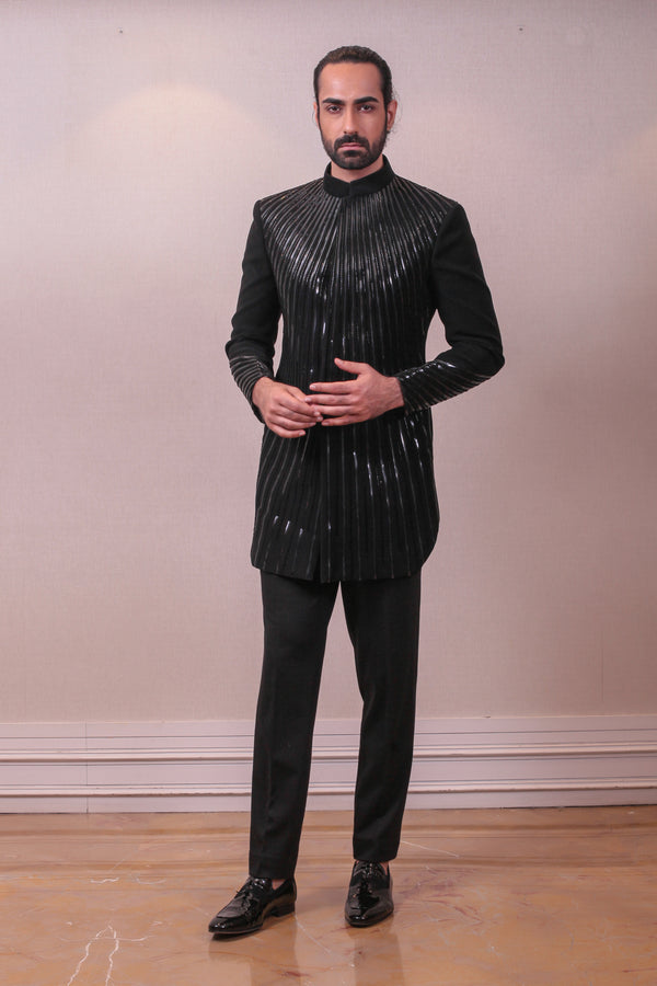 Designer Black Polynosic Italian in Modern Geometric Kardana Sequins Work Nehru Jacket sasyafashion
