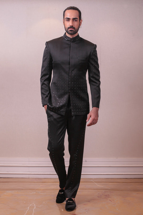 Designer Black Italian Fabric with Mettalic Embodded Bandhgala Set sasyafashion