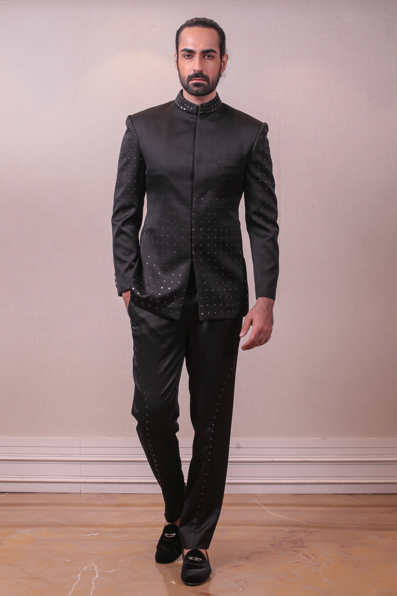 Designer Black Italian Fabric with Mettalic Embodded Bandhgala Set sasyafashion