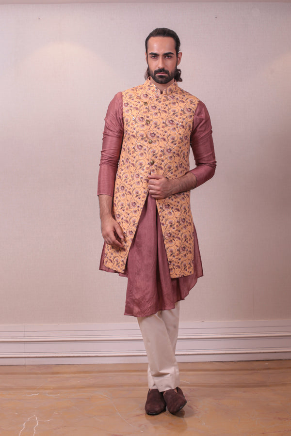 Designer Yellow Silk Long Nehru Jacket Mauve Cowl Kurta Pajama Set With Floral Embroidered Work sasyafashion