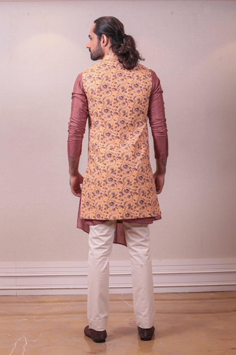 Designer Yellow Silk Long Nehru Jacket Mauve Cowl Kurta Pajama Set With Floral Embroidered Work sasyafashion