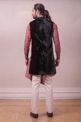 Designer Black Velvet Multi Hand Embroidered Mauve  Cowl Kurta Embellished Jacket Set sasyafashion