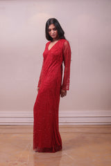 Designer Red Satin With Net Gown sasyafashion