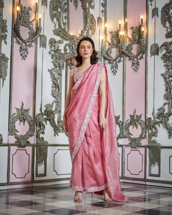 Designer pink color Hand Embroidered saree blouse set