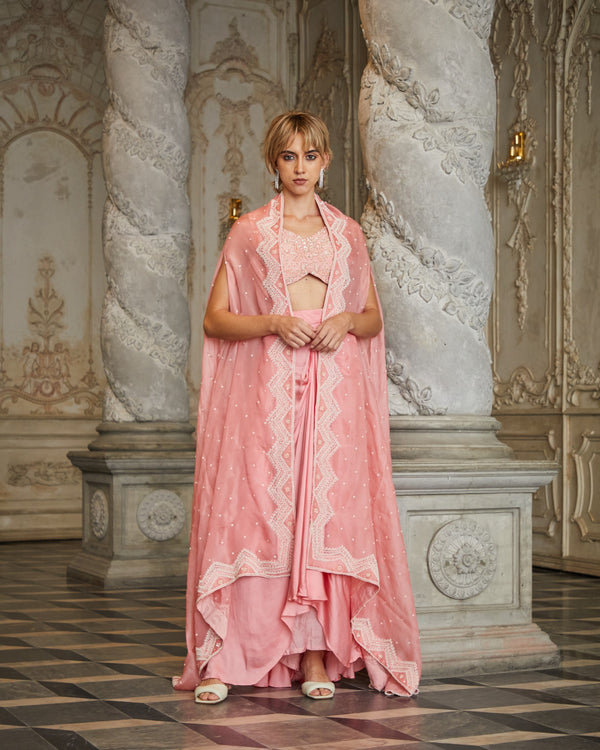 Designer pink color Hand Embroidered drape skirt Jacket set