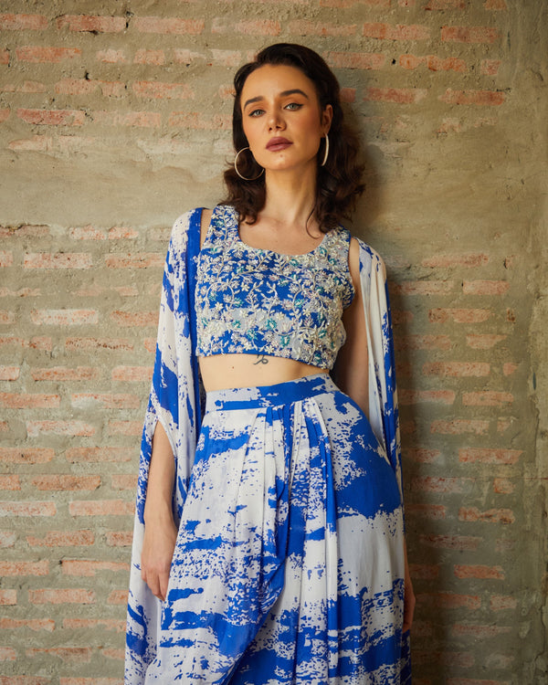 Designer White and Blue color Hand Embroidered drape skirt Jacket set
