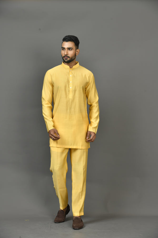 Designer Yellow Cotton Blend Short Kurta With Pant