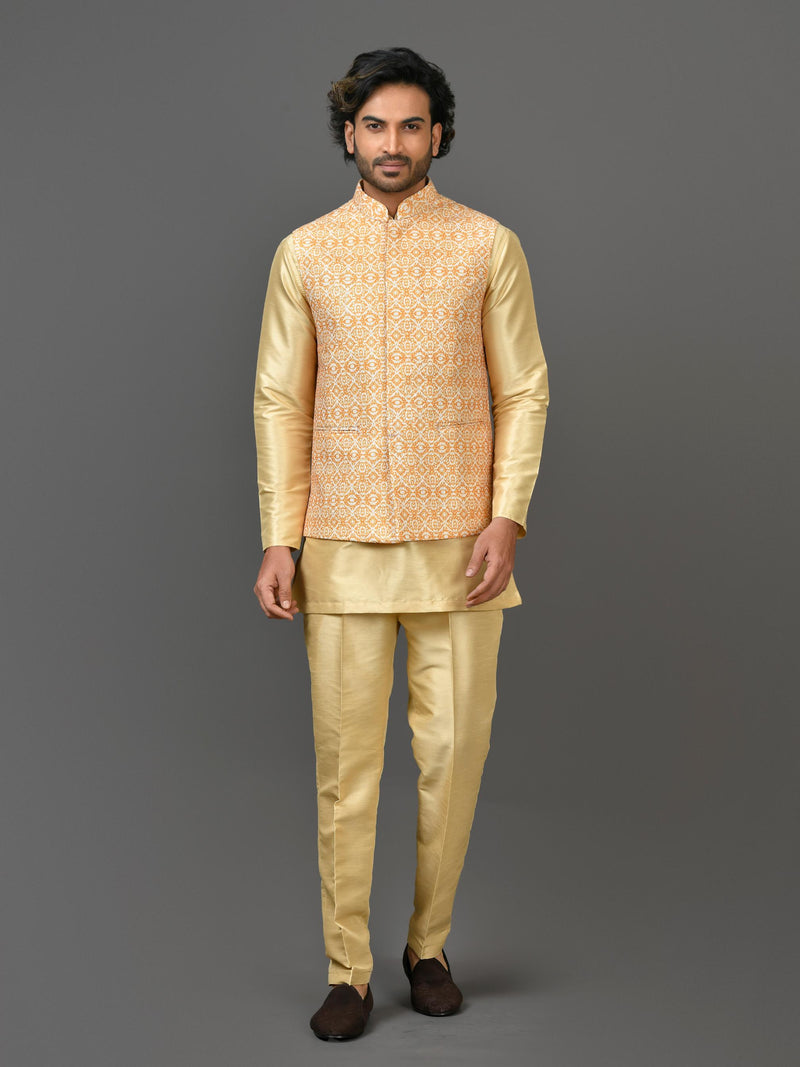 Designer Yellow Silk Kurta Jacket Set