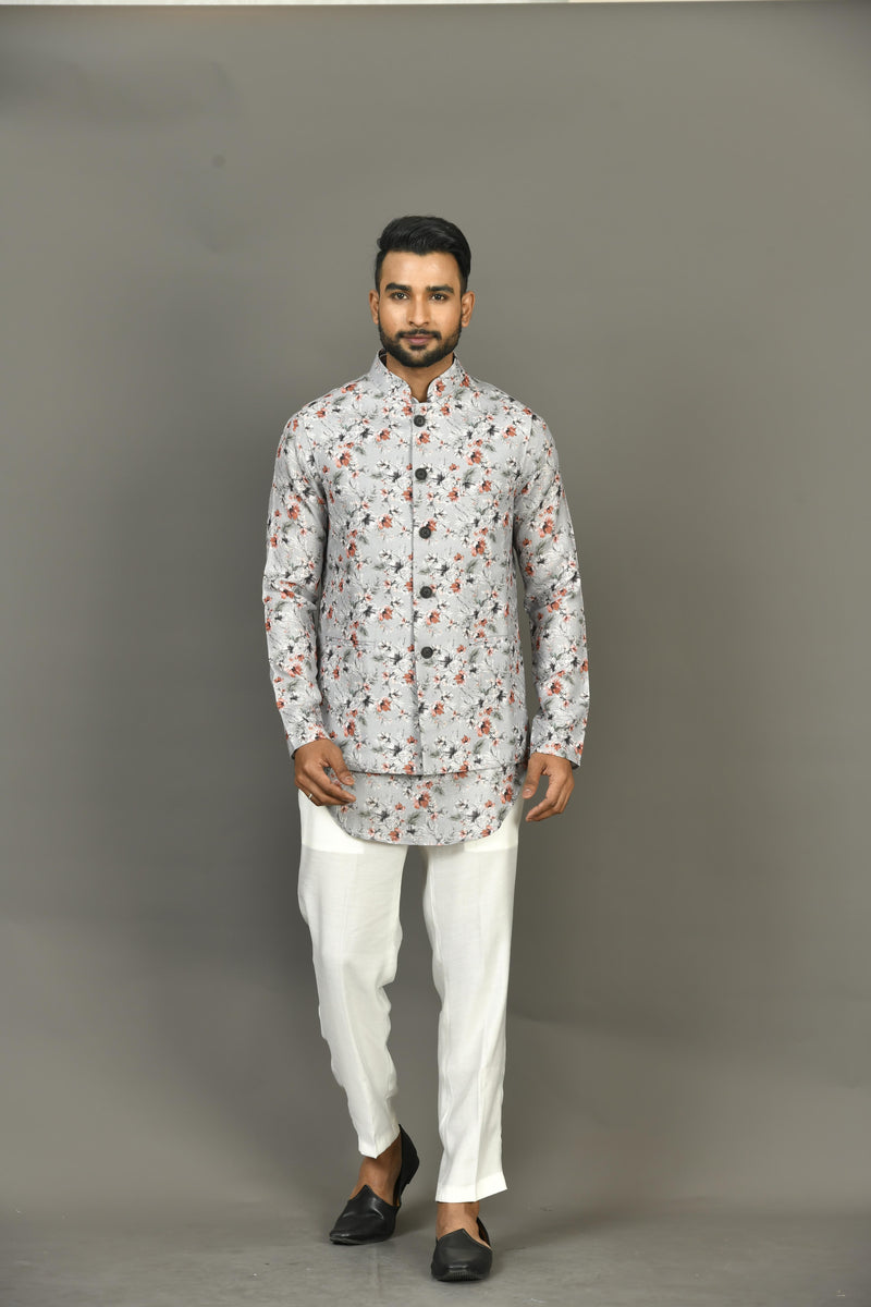 Designer Kurta Jacket Set In Grey