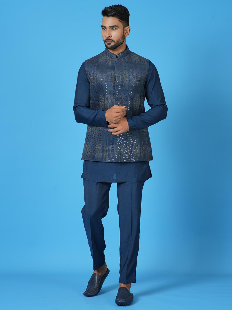 Designer Blue Silk Kurta Jacket Set