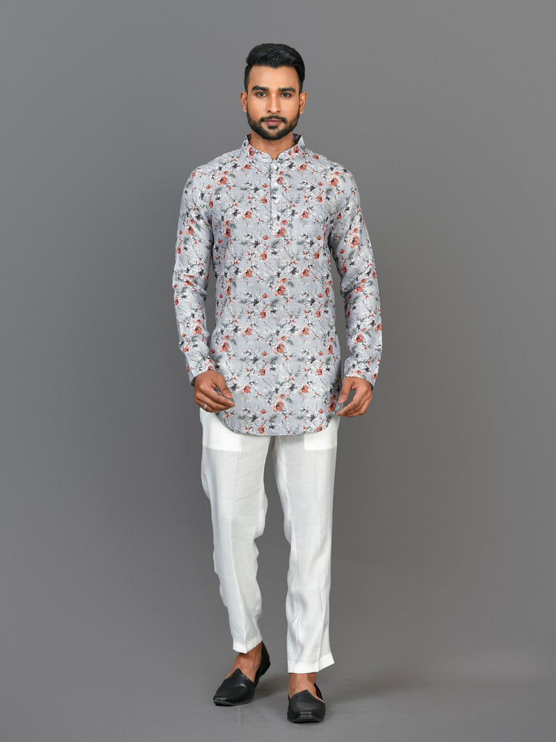 Designer Grey Silk Short Kurta