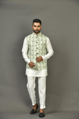 Designer Kurta Jacket Set In Green