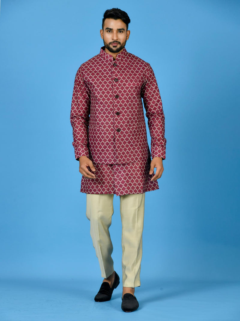 Designer Maroon Silk Kurta Jacket Set