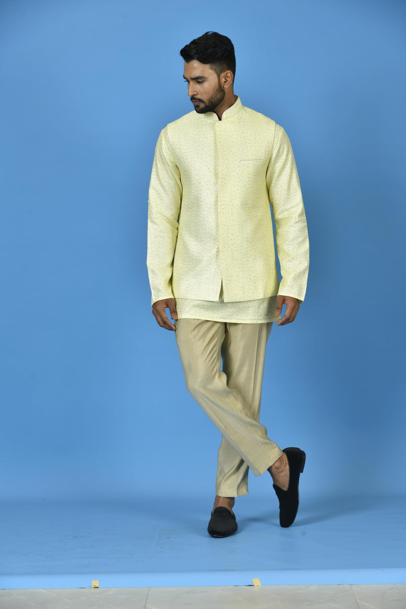 Designer Yellow Silk Kurta Jacket Set