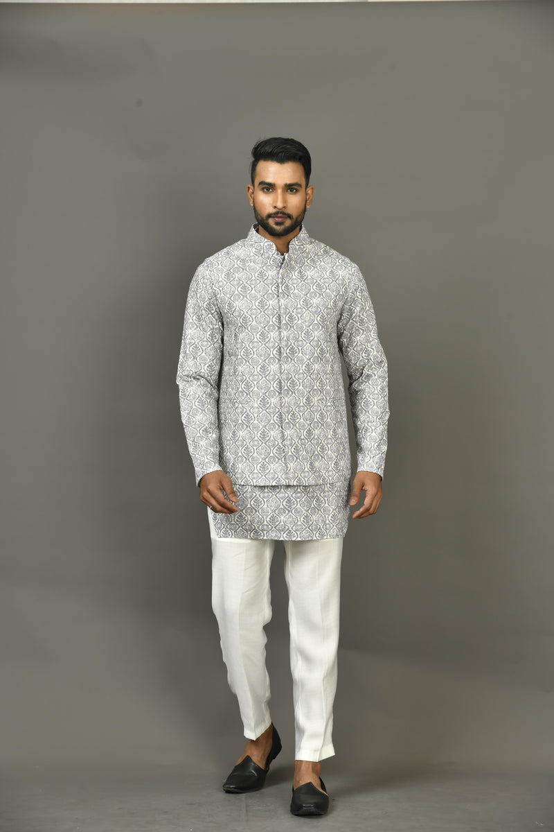 Designer Kurta Jacket Set In Grey