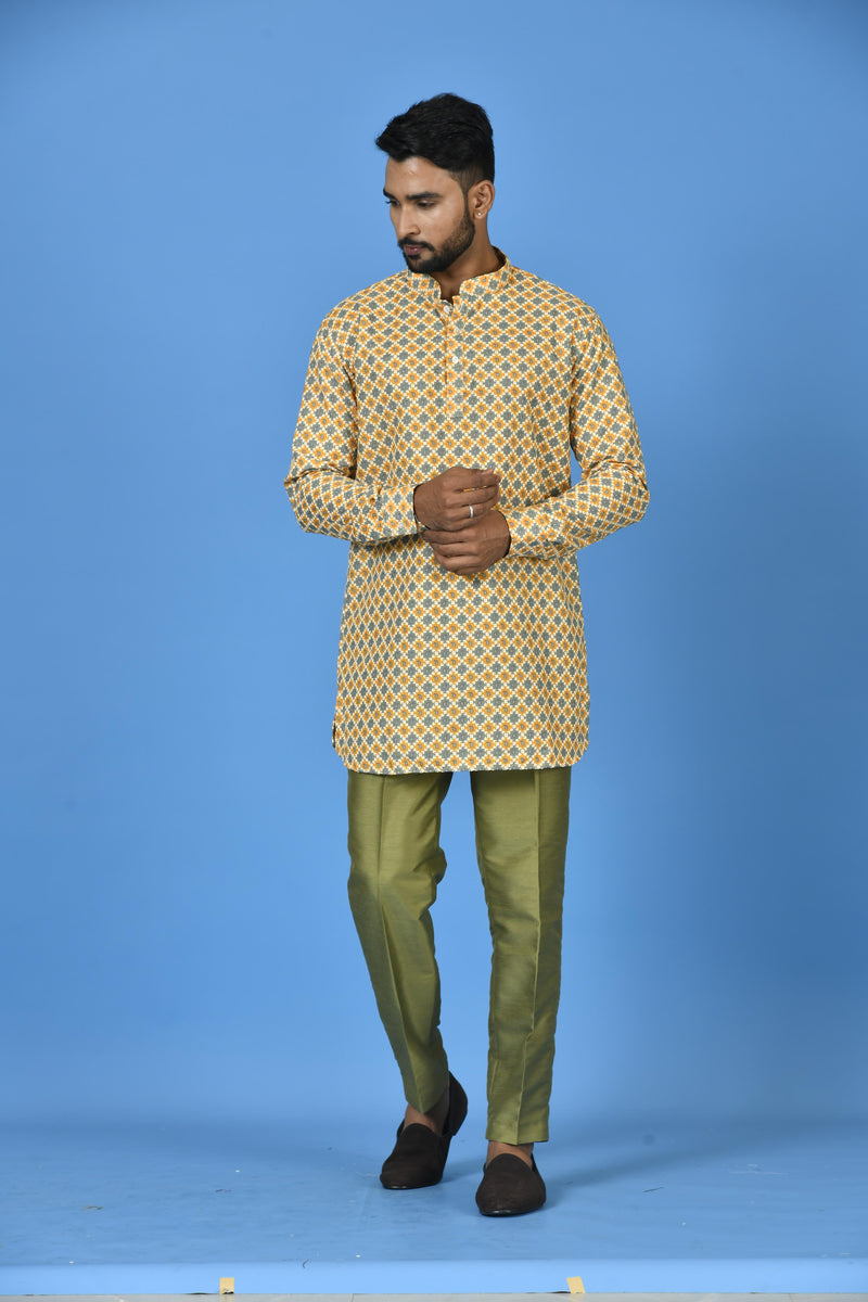 Designer Green Cotton Blend Short Kurta With Pant