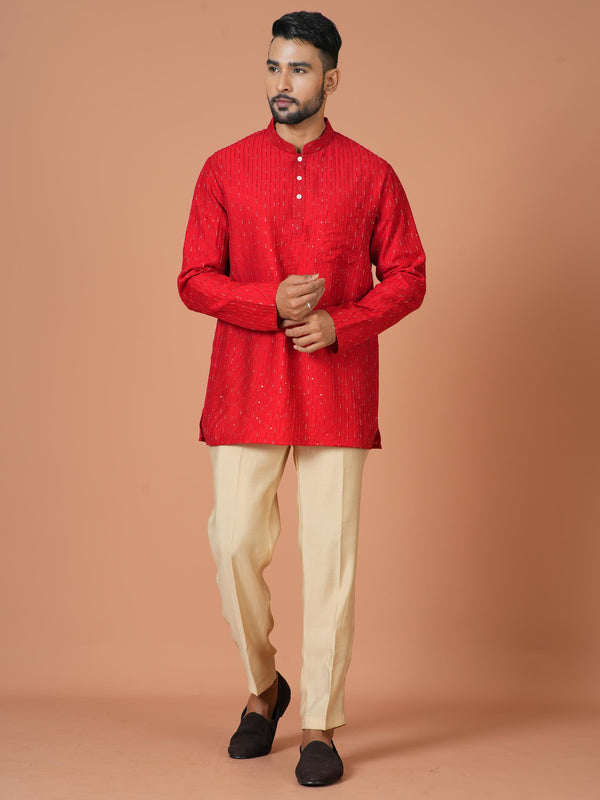 Designer Red Cotton Blend Short Kurta