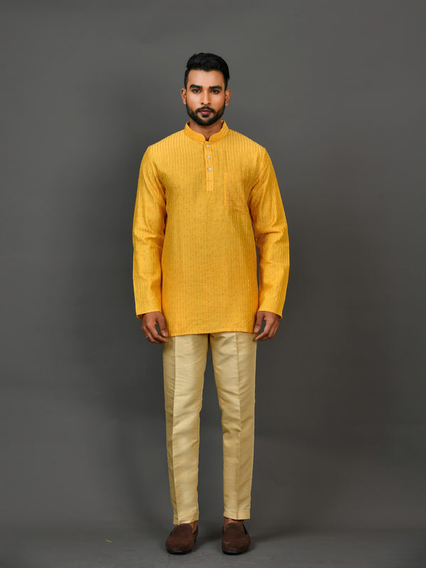 Designer Yellow Silk Short Kurta With Panta