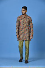 Designer Green Cotton Blend Short Kurta With Pant