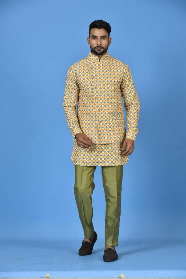 Designer Yellow Cotton Blend Kurta Jacket Set