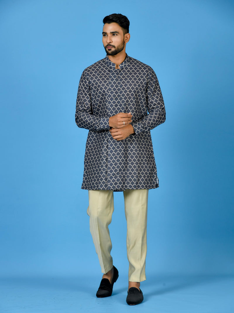 Designer Blue Silk Short Kurta With Pant