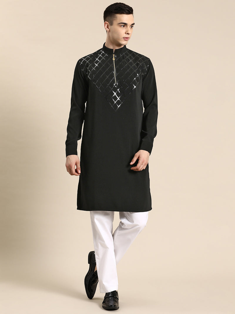 Black Geometric Rayon Kurta Set