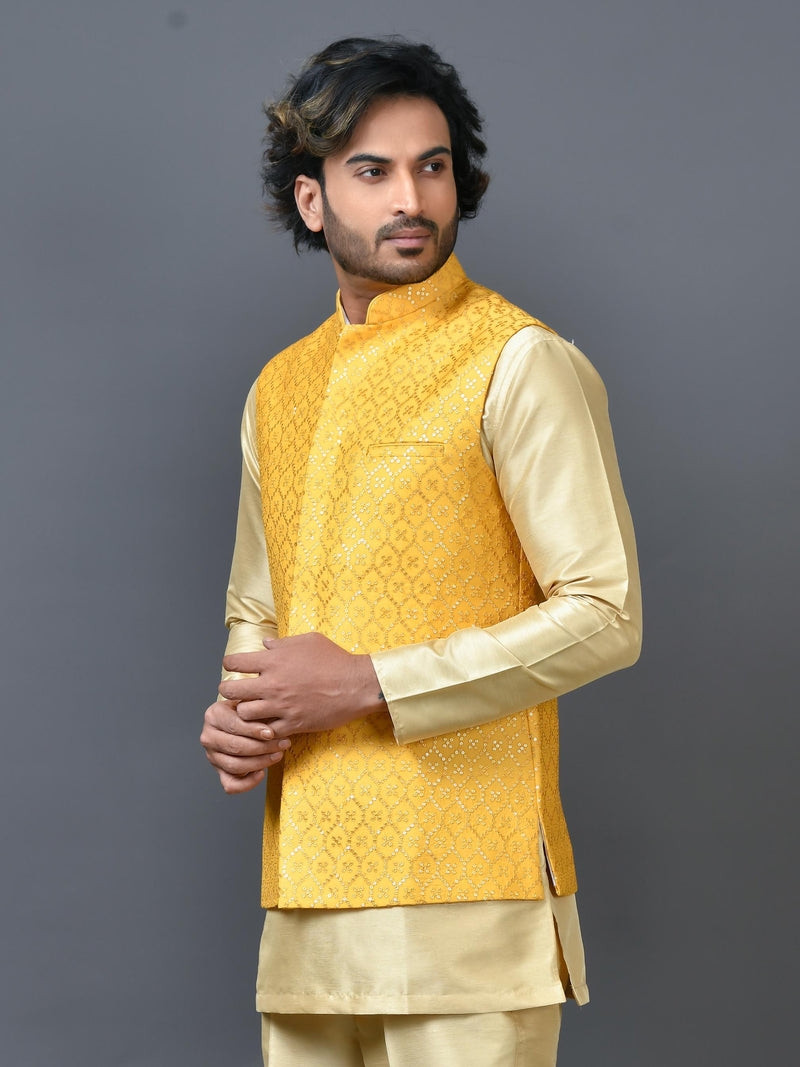 Designer Yellow Silk Kurta Jacket Set