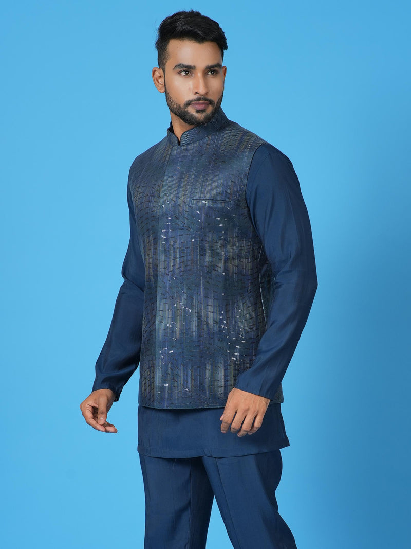 Designer Blue Silk Kurta Jacket Set