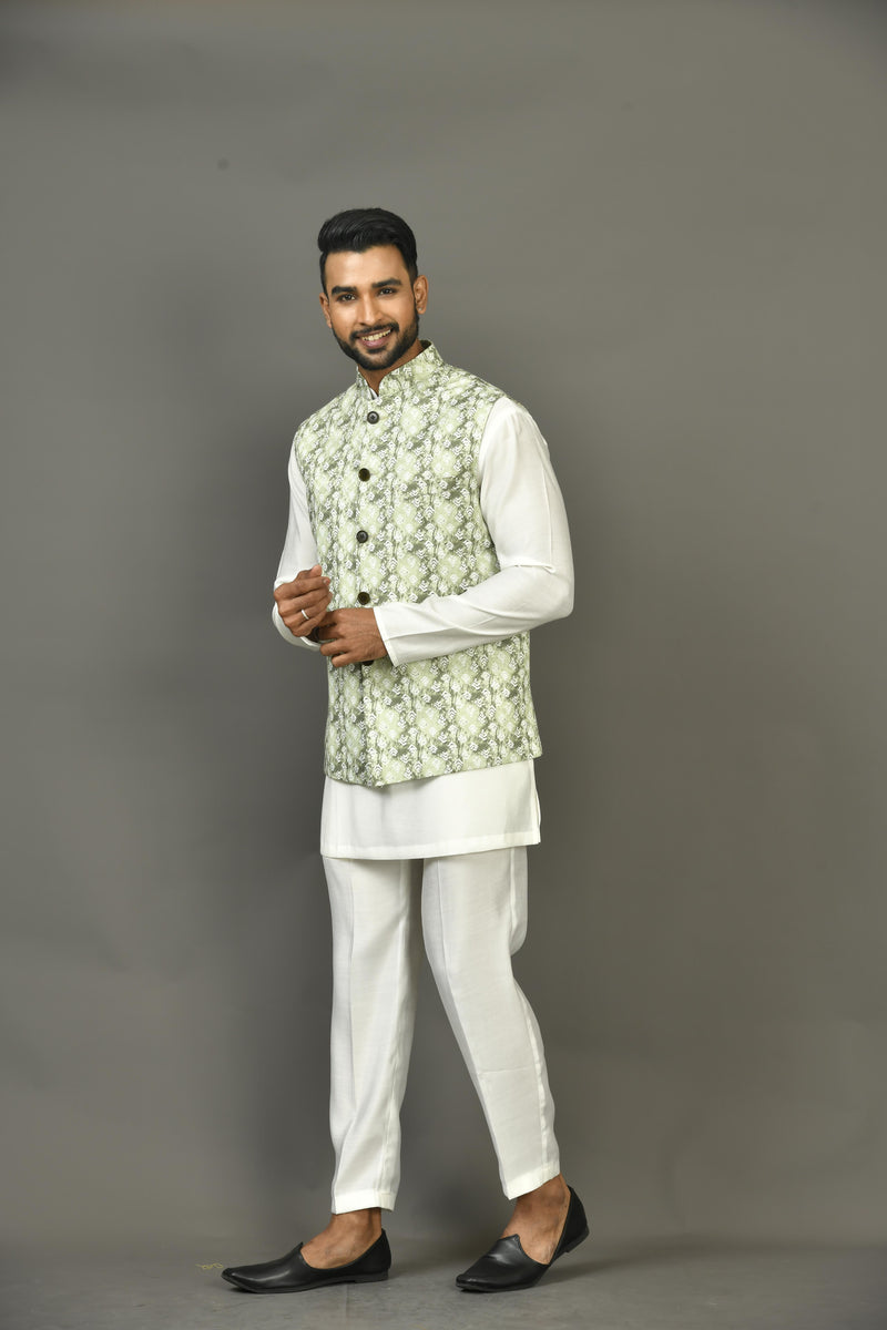 Designer Kurta Jacket Set In Green