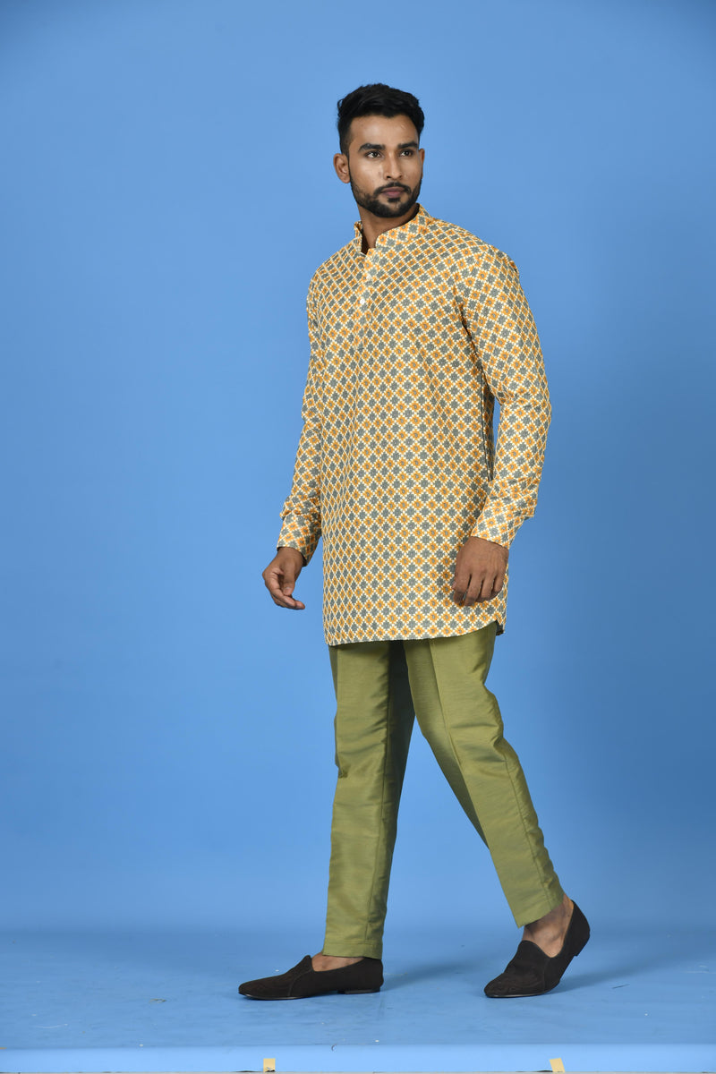 Designer Green Cotton Blend Short Kurta With Pant