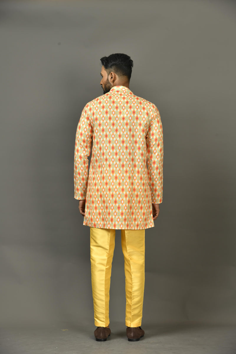 Designer Yellow Cotton Blend Short Kurta