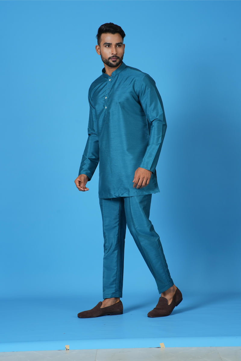 Designer Blue Silk Short Kurta